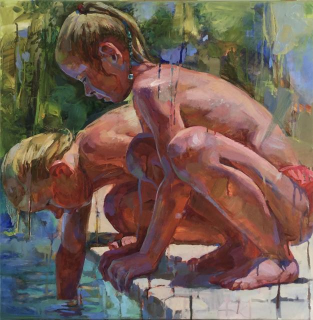 Две норвежские девочки у бассейна, 40 x 40 см., холст, масло, 2019