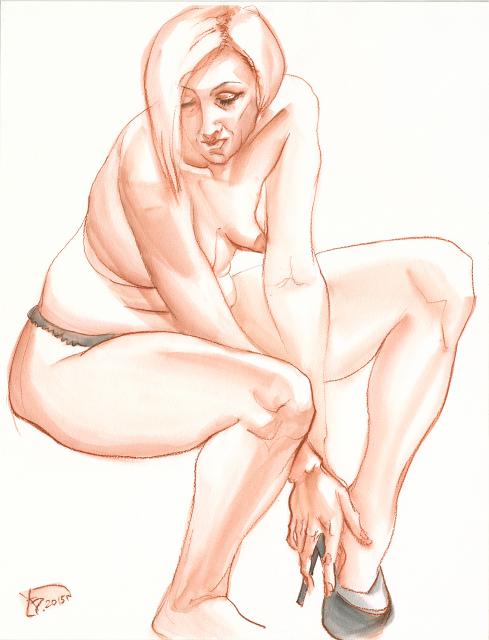 Девушка, надевающая туфлю, 65х50, акварель, сепия.